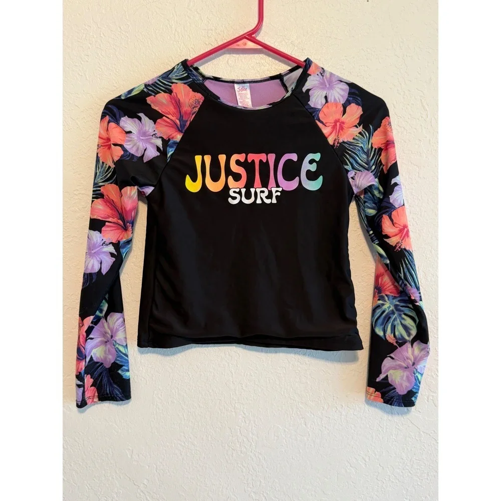 Justice Surf Girls Black Tropical Floral Long Sleeve Rash Guard Swim Top L 12/14